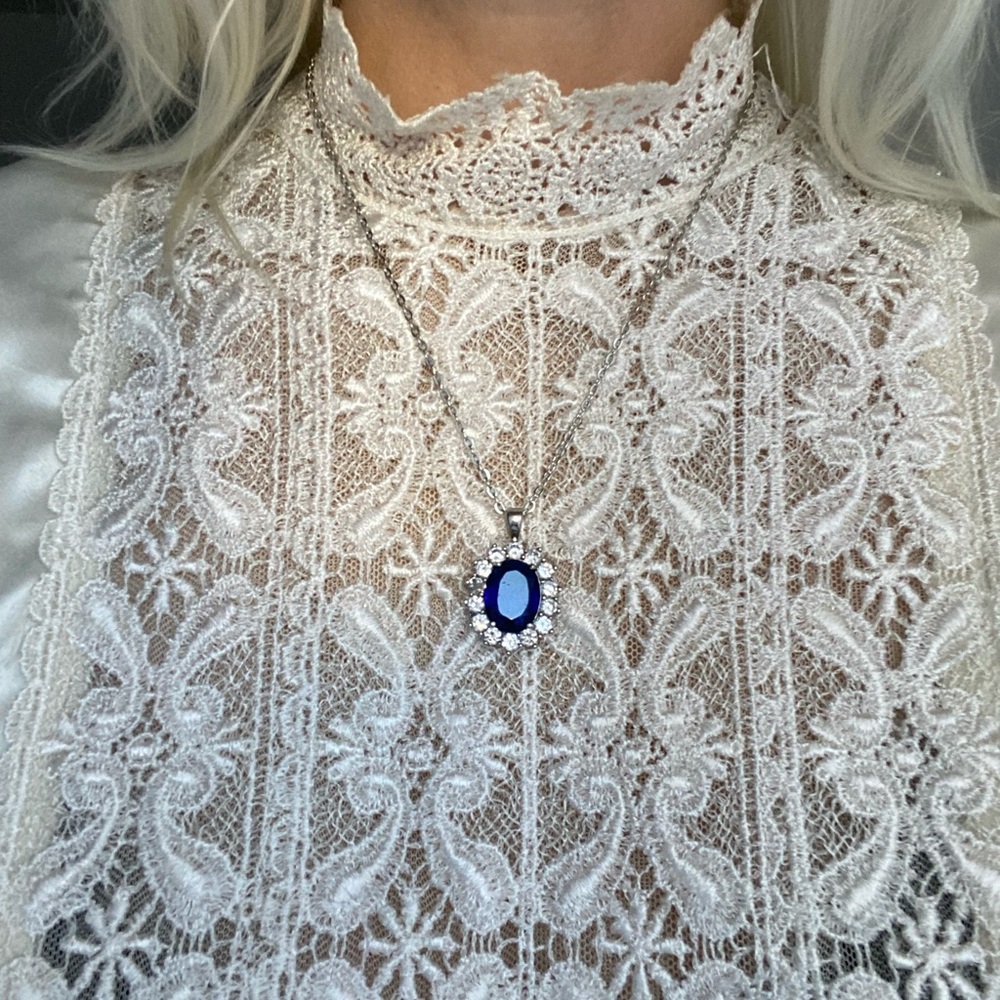 Vintage Blue Glass Rhinestone Crystal Accent Pendant Necklace